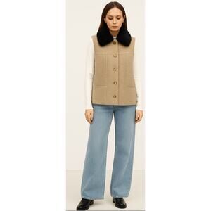 Vintage Charter Club tan Vest Merino Wool Removable Contrast Faux Fur size S